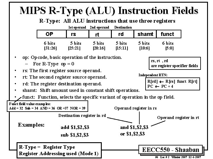 MIPS R-Type (ALU) Instruction Fields R-Type: All ALU instructions that use three registers 1