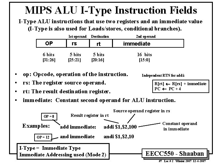 MIPS ALU I-Type Instruction Fields I-Type ALU instructions that use two registers and an