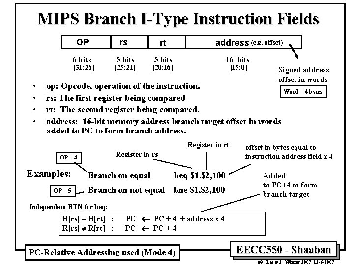 MIPS Branch I-Type Instruction Fields OP rs rt 6 bits 5 bits [31: 26]