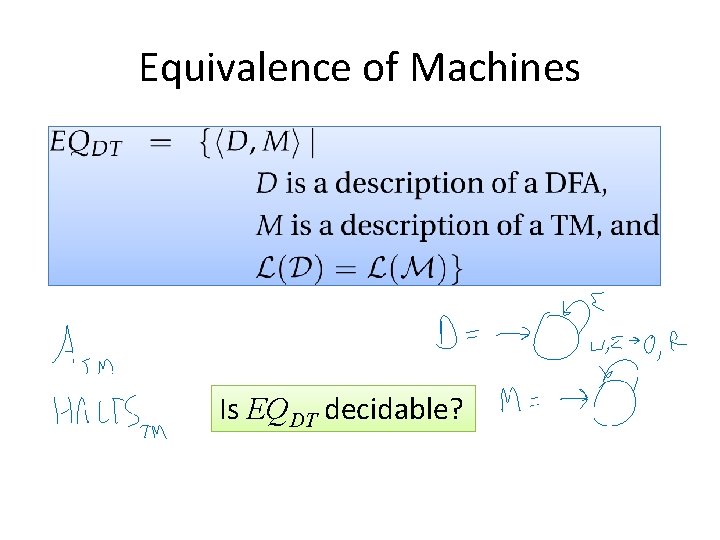 Equivalence of Machines Is EQDT decidable? 