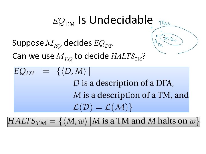 EQDM Is Undecidable Suppose MEQ decides EQDT. Can we use MEQ to decide HALTSTM?