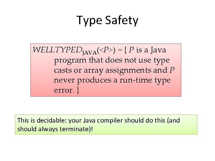 Type Safety WELLTYPEDJAVA(<P>) = { P is a Java program that does not use