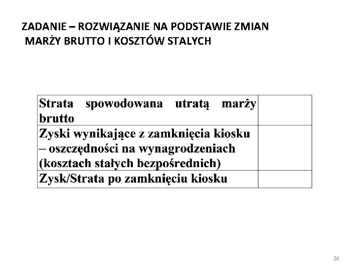 ZADANIE – ROZWIĄZANIE NA PODSTAWIE ZMIAN MARŻY BRUTTO I KOSZTÓW STALYCH 26 