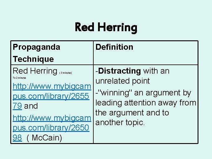 Red Herring Propaganda Technique Red Herring Definition -Distracting with an unrelated point http: //www.