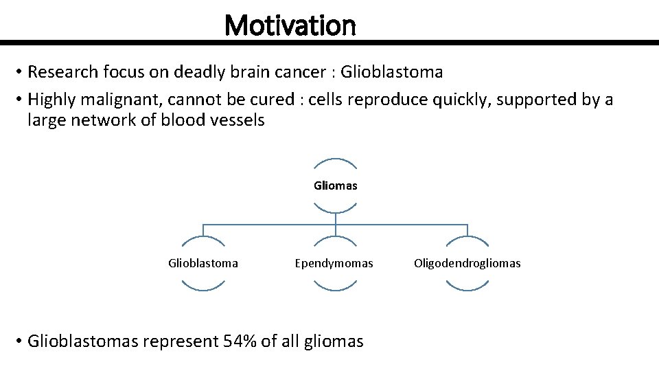 Motivation • Research focus on deadly brain cancer : Glioblastoma • Highly malignant, cannot