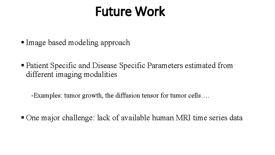 Future Work § Image based modeling approach § Patient Specific and Disease Specific Parameters