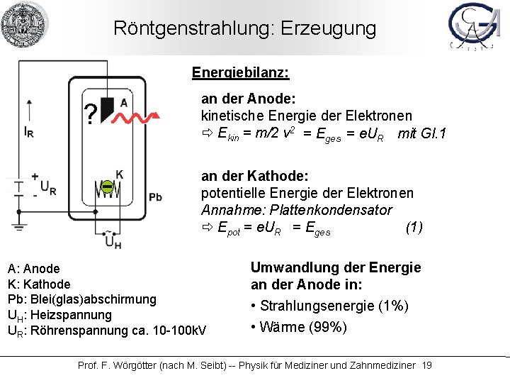 Röntgenstrahlung: Erzeugung Energiebilanz: ? an der Anode: kinetische Energie der Elektronen Ekin = m/2