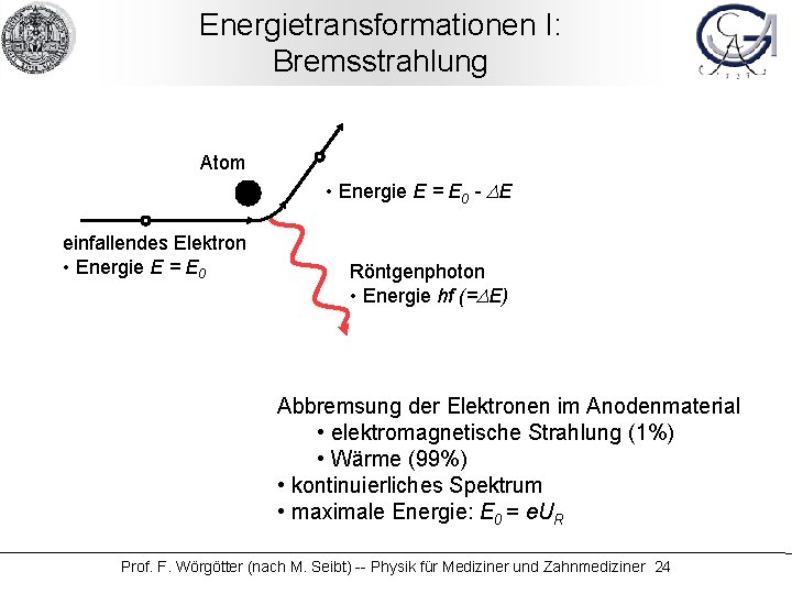 Energietransformationen I: Bremsstrahlung Atom • Energie E = E 0 - DE einfallendes Elektron