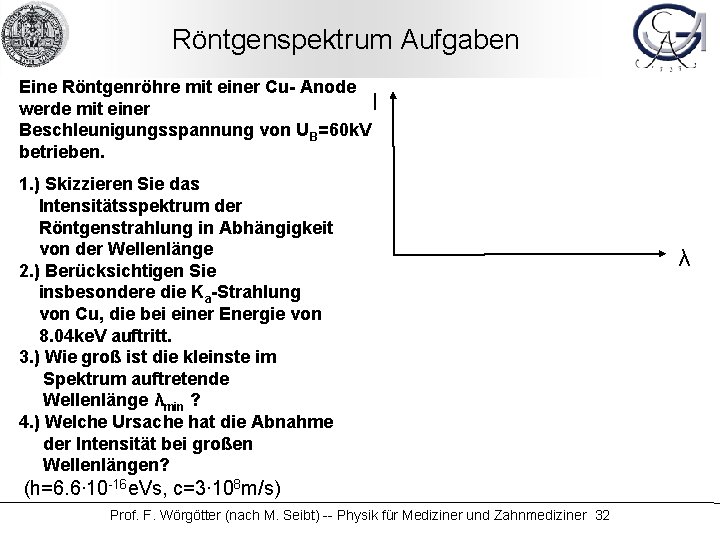 Röntgenspektrum Aufgaben Eine Röntgenröhre mit einer Cu- Anode I werde mit einer Beschleunigungsspannung von