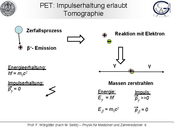 PET: Impulserhaltung erlaubt Tomographie Zerfallsprozess Reaktion mit Elektron β+- Emission Energieerhaltung: hf = m