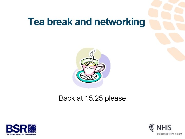 Tea break and networking Back at 15. 25 please 