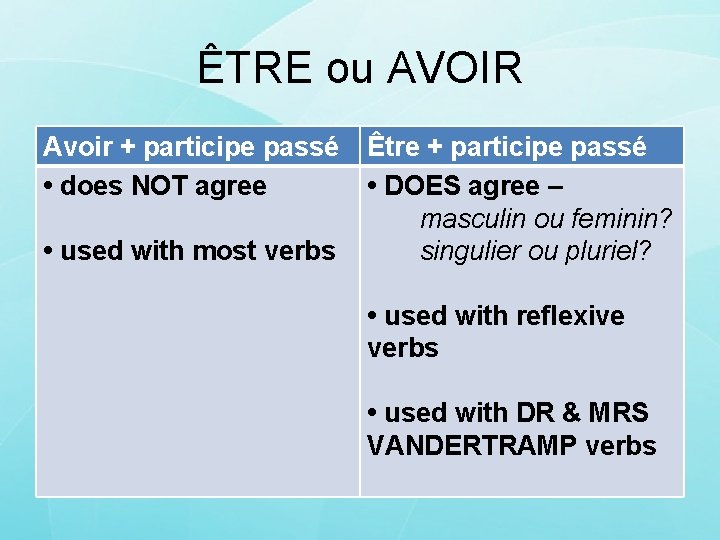 ÊTRE ou AVOIR Avoir + participe passé • does NOT agree • used with
