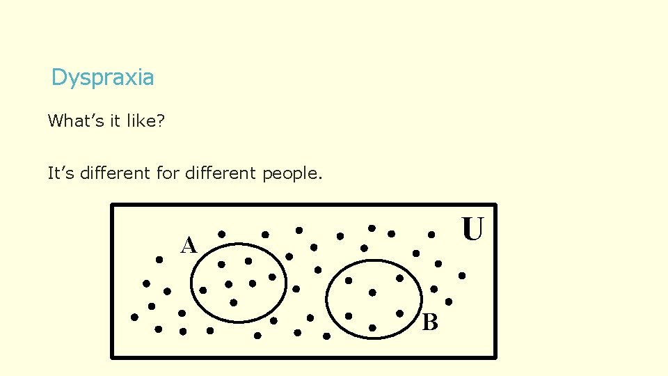 Dyspraxia What’s it like? It’s different for different people. U A B 