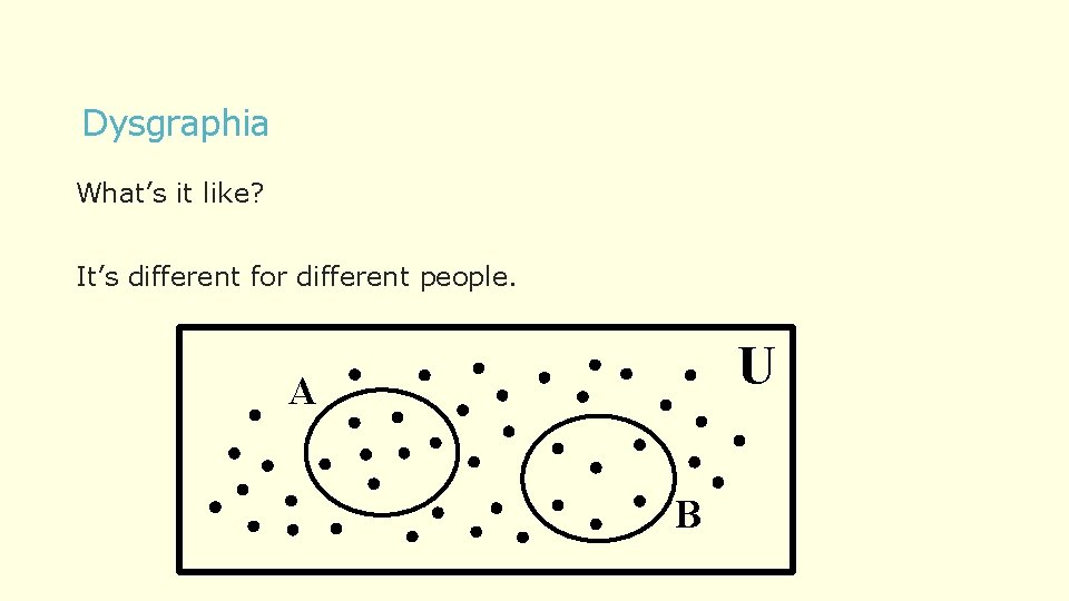 Dysgraphia What’s it like? It’s different for different people. U A B 