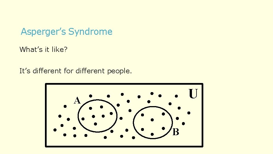 Asperger’s Syndrome What’s it like? It’s different for different people. U A B 