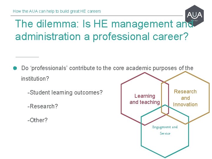 How the AUA can help to build great HE careers The dilemma: Is HE