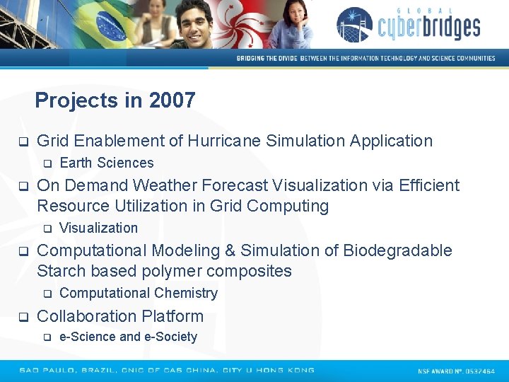 Projects in 2007 q Grid Enablement of Hurricane Simulation Application q q On Demand