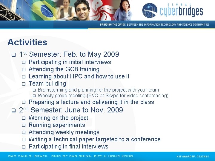 Activities q 1 st Semester: Feb. to May 2009 q q Participating in initial