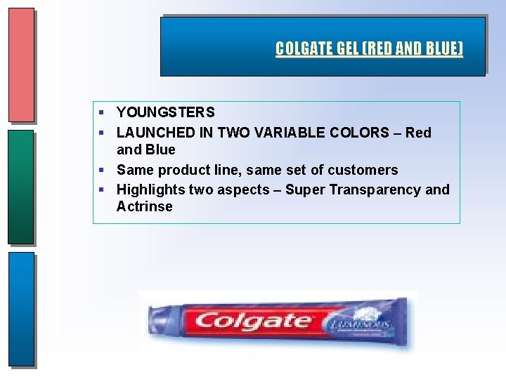 COLGATE GEL (RED AND BLUE) § YOUNGSTERS § LAUNCHED IN TWO VARIABLE COLORS –