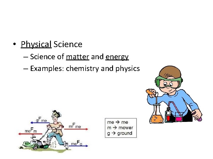  • Physical Science – Science of matter and energy – Examples: chemistry and
