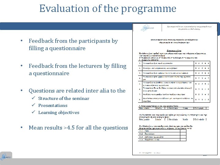 Evaluation of the programme • Feedback from the participants by filling a questionnaire •