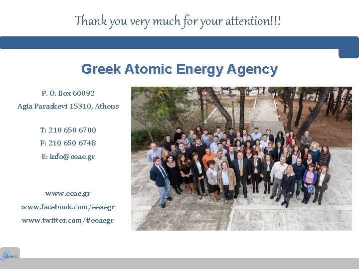 Thank you very much for your attention!!! Greek Atomic Energy Agency P. O. Box