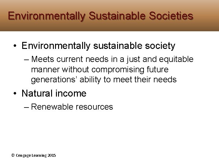Environmentally Sustainable Societies • Environmentally sustainable society – Meets current needs in a just Environmentally Sustainable Societies • Environmentally sustainable society – Meets current needs in a just
