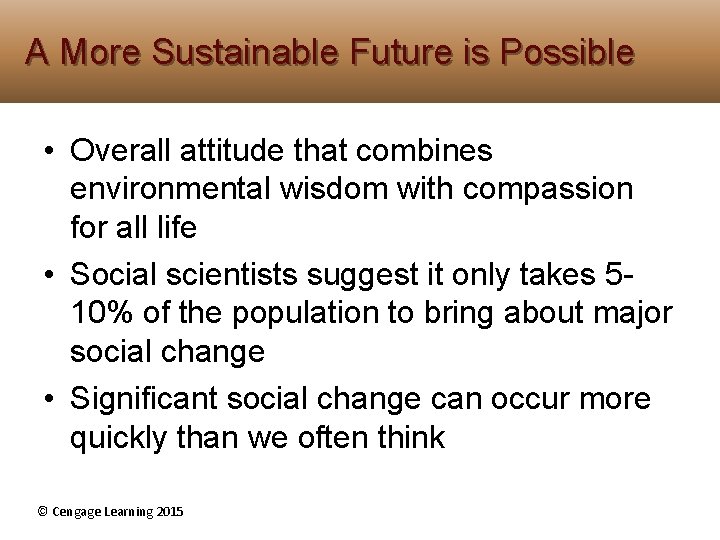 A More Sustainable Future is Possible • Overall attitude that combines environmental wisdom with A More Sustainable Future is Possible • Overall attitude that combines environmental wisdom with
