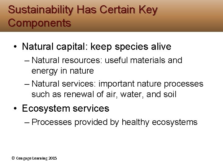 Sustainability Has Certain Key Components • Natural capital: keep species alive – Natural resources: Sustainability Has Certain Key Components • Natural capital: keep species alive – Natural resources: