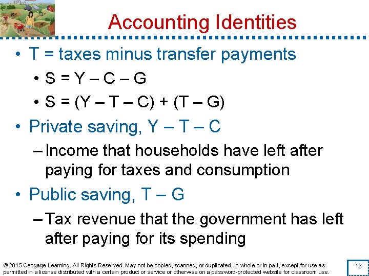 Accounting Identities • T = taxes minus transfer payments • S=Y–C–G • S =