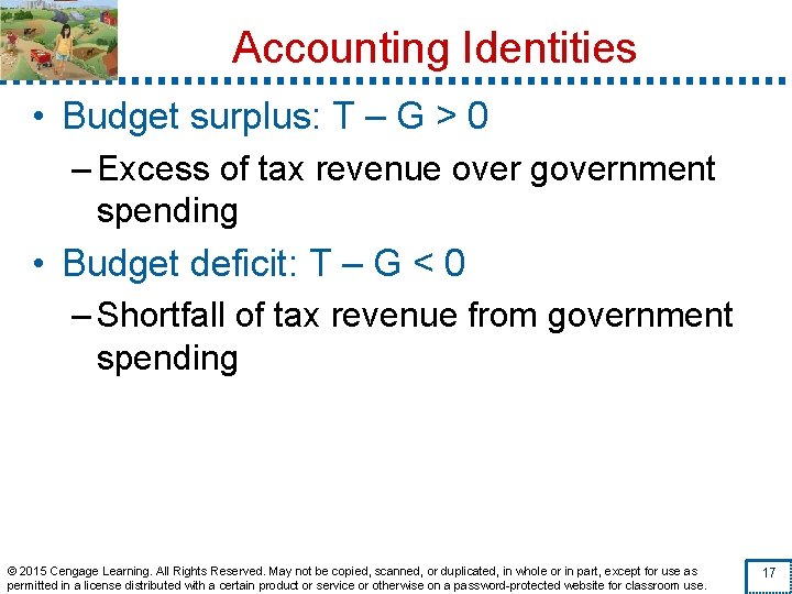 Accounting Identities • Budget surplus: T – G > 0 – Excess of tax