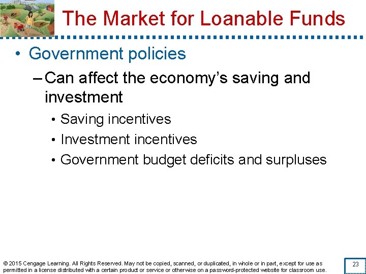 The Market for Loanable Funds • Government policies – Can affect the economy’s saving