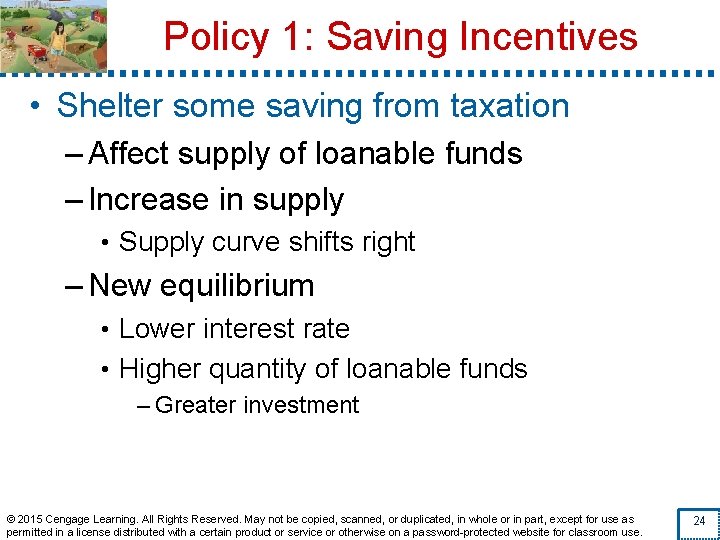 Policy 1: Saving Incentives • Shelter some saving from taxation – Affect supply of