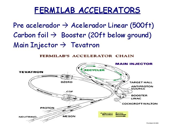 FERMILAB ACCELERATORS Pre acelerador Acelerador Linear (500 ft) Carbon foil Booster (20 ft below