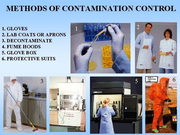 METHODS OF CONTAMINATION CONTROL 1. GLOVES 2. LAB COATS OR APRONS 3. DECONTAMINATE 4.