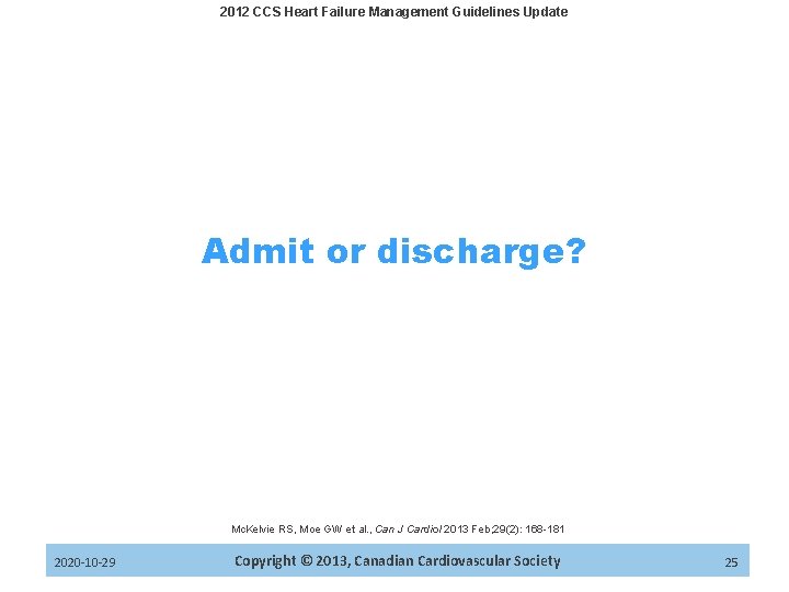 2012 CCS Heart Failure Management Guidelines Update Admit or discharge? Mc. Kelvie RS, Moe