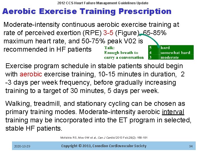 2012 CCS Heart Failure Management Guidelines Update Aerobic Exercise Training Prescription Moderate-intensity continuous aerobic