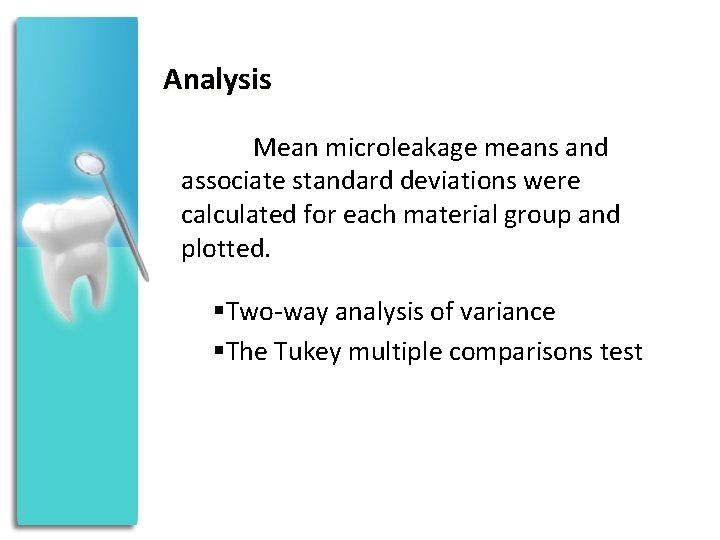 Analysis Mean microleakage means and associate standard deviations were calculated for each material group