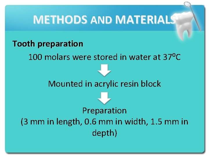 METHODS AND MATERIALS Tooth preparation 100 molars were stored in water at 37⁰C Mounted