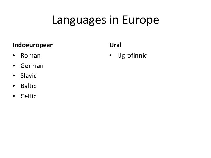 Languages in Europe Indoeuropean • • • Roman German Slavic Baltic Celtic Ural •