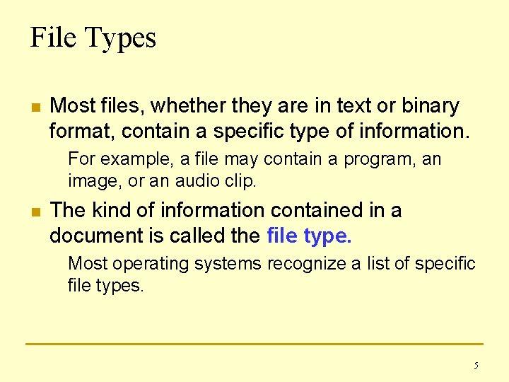 File Types n Most files, whether they are in text or binary format, contain
