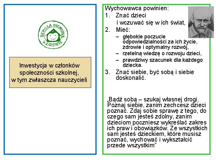 Wychowawca powinien: 1. Znać dzieci i wczuwać się w ich świat, 2. Mieć: Inwestycja