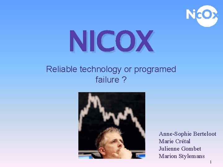 NICOX Reliable technology or programed failure ? Anne-Sophie Berteloot Marie Crétal Julienne Gombet Marion
