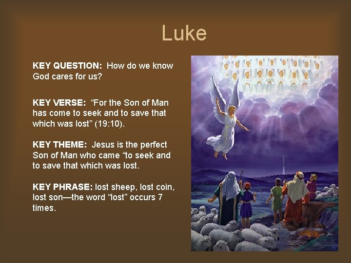 Luke KEY QUESTION: How do we know God cares for us? KEY VERSE: “For