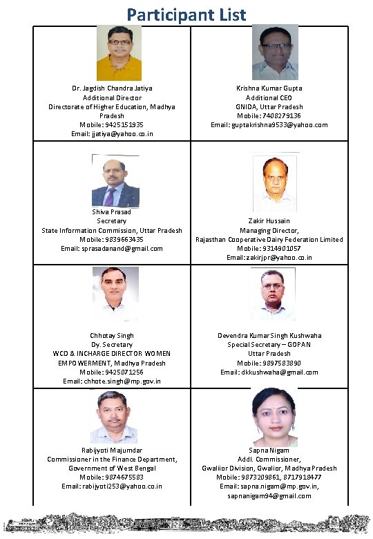 Participant List Dr. Jagdish Chandra Jatiya Additional Directorate of Higher Education, Madhya Pradesh Mobile: