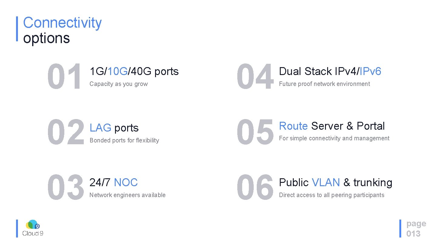 Connectivity options 01 1 G/10 G/40 G ports 02 LAG ports 03 24/7 NOC