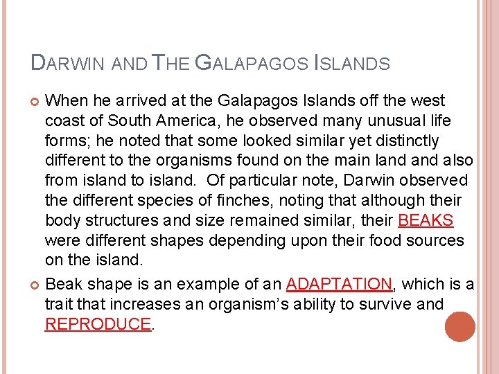 DARWIN AND THE GALAPAGOS ISLANDS When he arrived at the Galapagos Islands off the