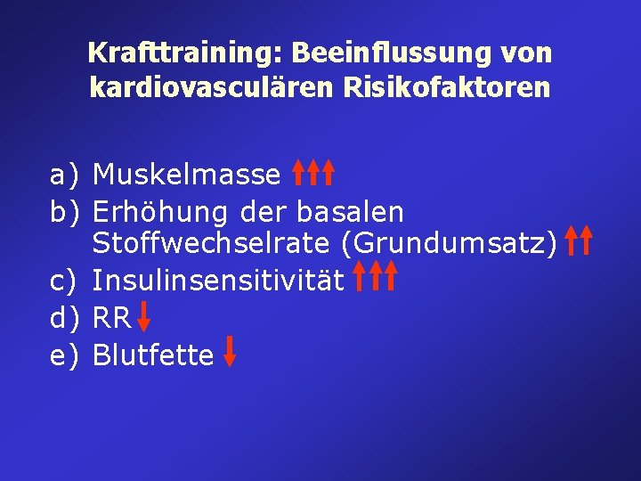 Krafttraining: Beeinflussung von kardiovasculären Risikofaktoren a) Muskelmasse b) Erhöhung der basalen Stoffwechselrate (Grundumsatz) c) Krafttraining: Beeinflussung von kardiovasculären Risikofaktoren a) Muskelmasse b) Erhöhung der basalen Stoffwechselrate (Grundumsatz) c)