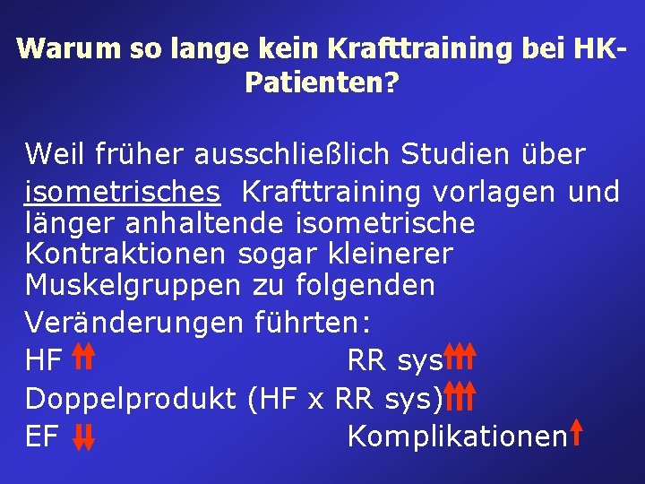 Warum so lange kein Krafttraining bei HKPatienten? Weil früher ausschließlich Studien über isometrisches Krafttraining Warum so lange kein Krafttraining bei HKPatienten? Weil früher ausschließlich Studien über isometrisches Krafttraining
