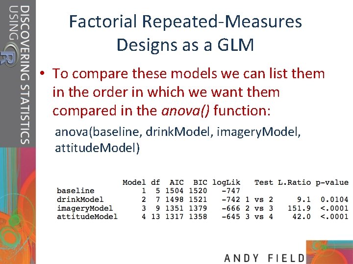 Factorial Repeated-Measures Designs as a GLM • To compare these models we can list
